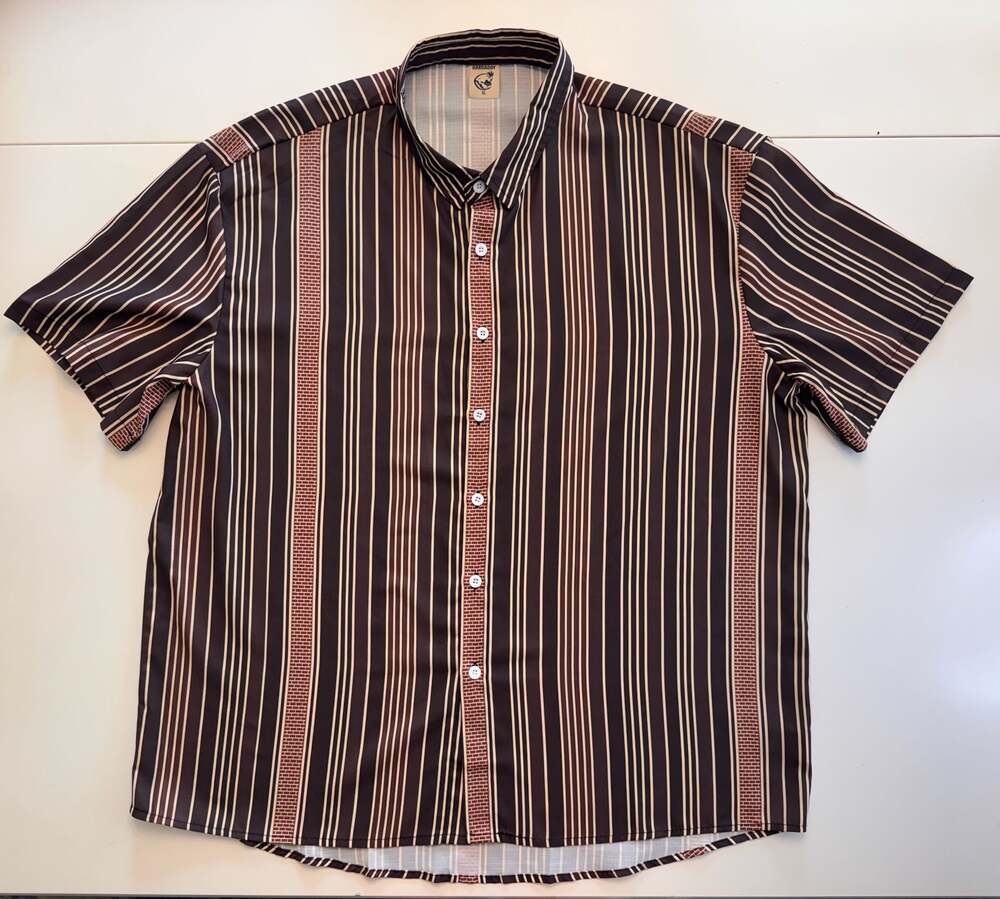 Hardaddy Men's Retro Brown Vertical Stripe Short Sleeve Button Down Shirt Size X